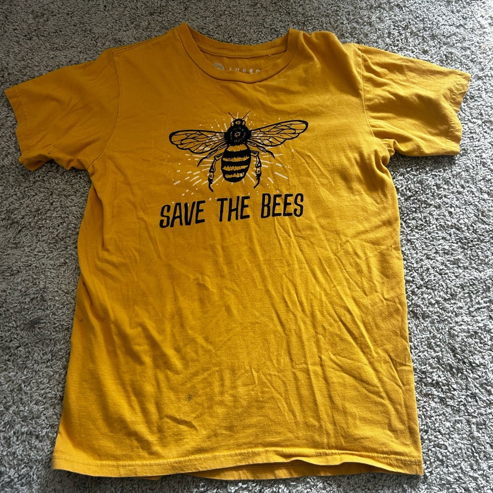 Mustard yellow women’s tshirt. Save the bees. Has a tiny brown stain as pictured